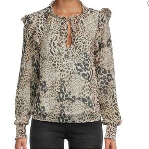 Steve Madden Mixed Animal Print Keyhole Blouse XL Leopard Sheer Ruffle Tie